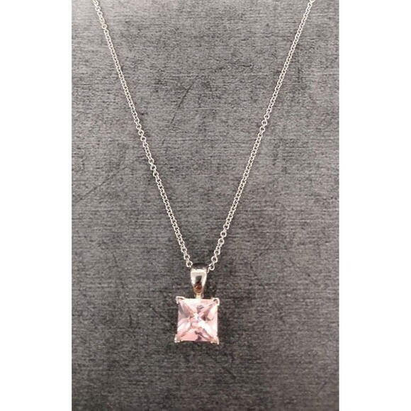 Pink Tourmaline Zircon Necklace, October Birthstone Jewelry, Square Princess Cut - Picture 3 of 9